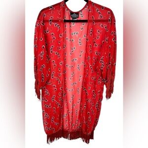 Floral kimono pool beach coverup, Med, red fringe lightweight sheer long sleeves